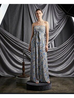 Patrons of peace Strapless Smocked Paisley Print Maxi Dress size Large With Tie